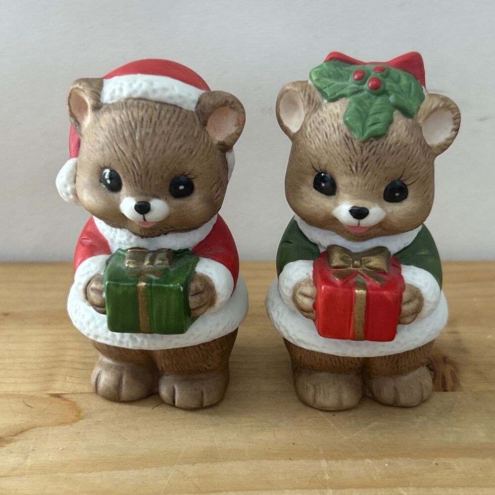 Vtg Lefton Christmas Bears Ceramic Bisque Bear Figurines Santa Holding Gifts